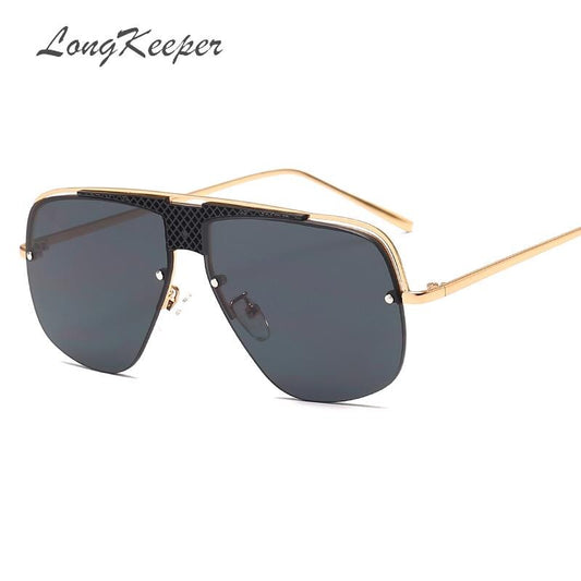 Irregular black metal frame sunglasses for men and women with rimless design, UV400 protection, ideal for driving and outdoor use.