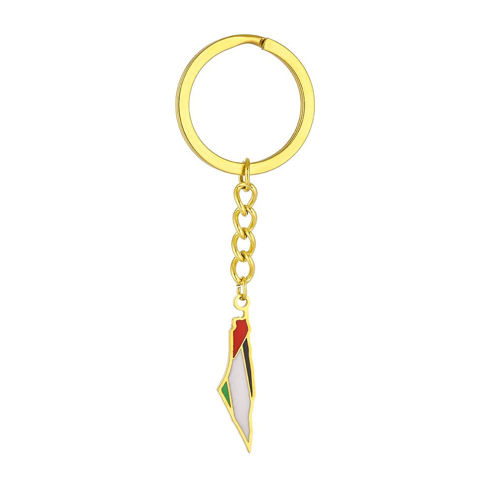 Palestine map flag keychain with stainless steel ethnic-style design, versatile accessories for men and women.
