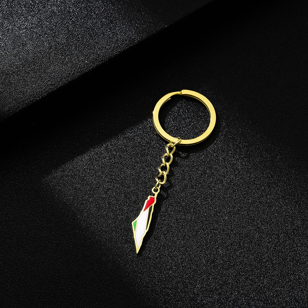 Palestine map flag keychain with stainless steel design, ethnic style accessories for men and women, versatile decorative keychain.