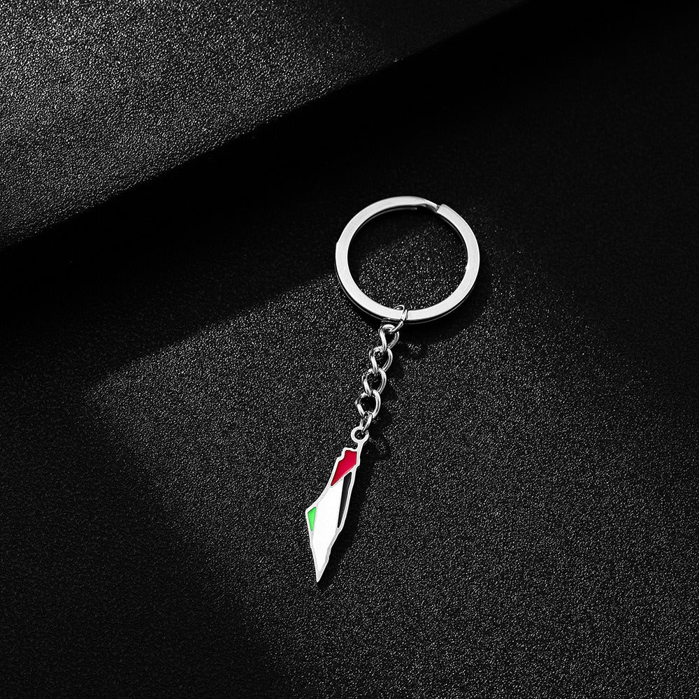 Palestine map flag keychain with stainless steel accents, ethnic style accessory for men and women, versatile decorative item.