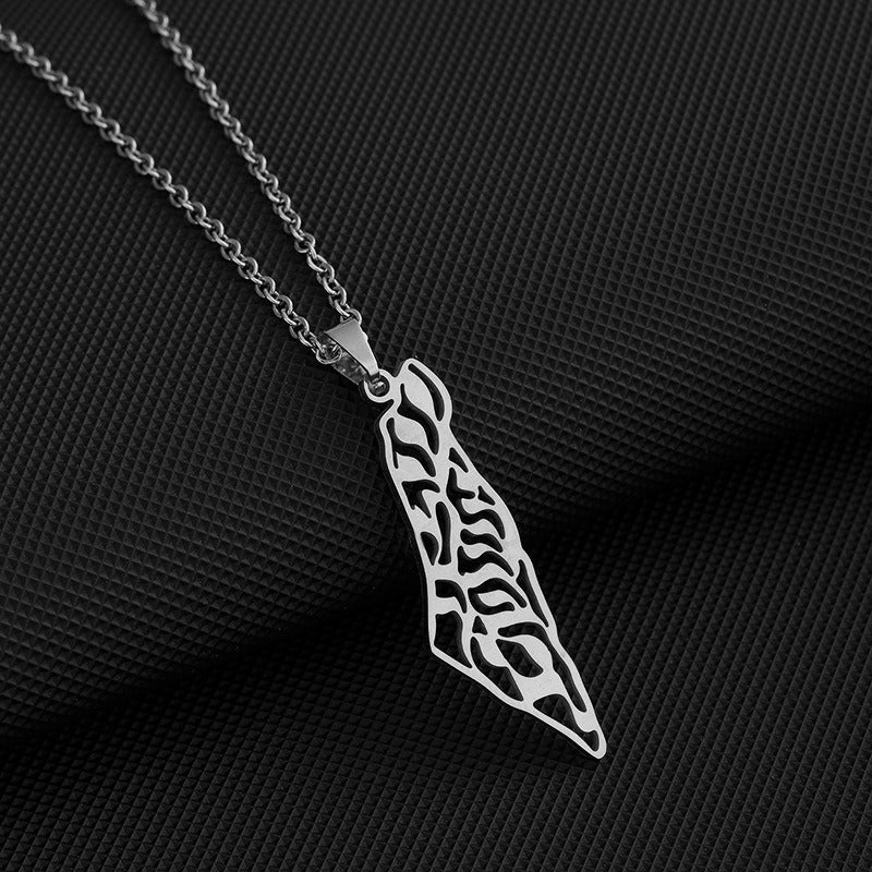 Palestine map pendant necklace by American Smart EP featuring a geometric shape, worn by men and women, on a silver chain.