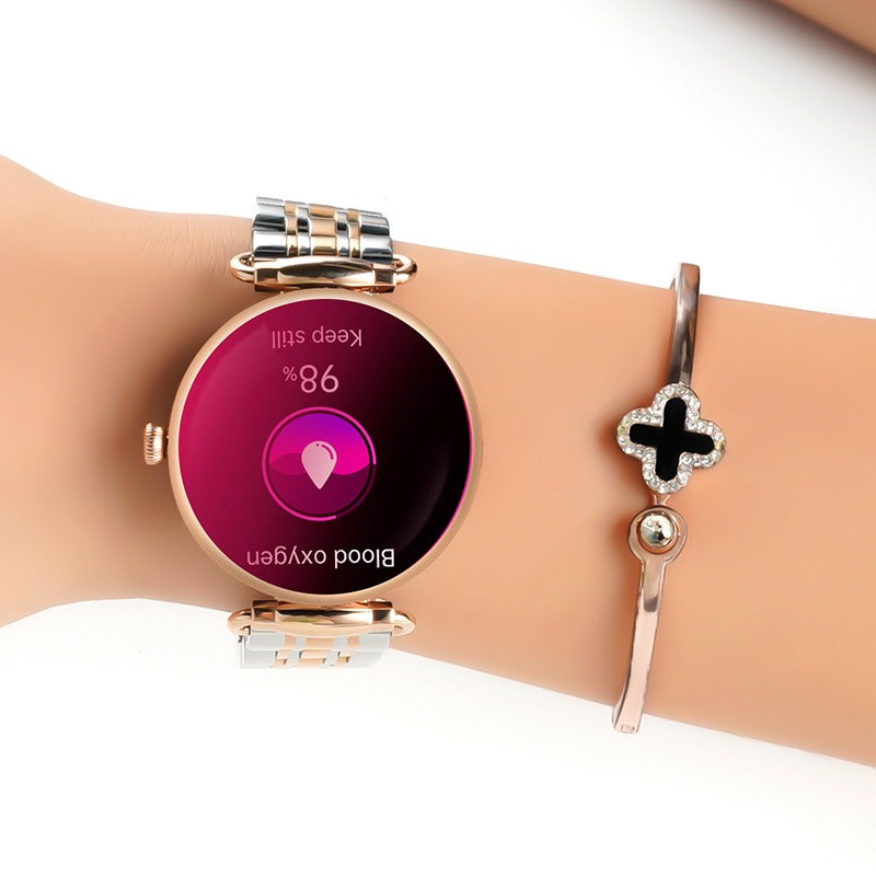 Women's American Smart Bluetooth smartwatch with heart rate, blood oxygen, sleep tracking, and fitness monitoring features.