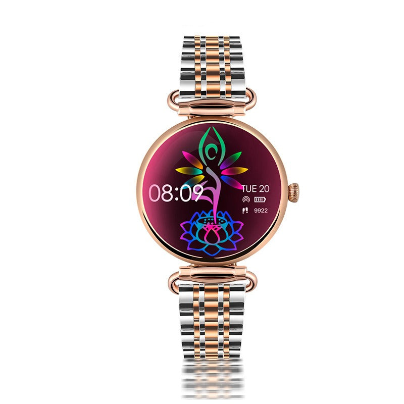 Women's American Smart Bluetooth smartwatch with heart rate, blood oxygen, sleep tracking, and sports features, shown on wrist.