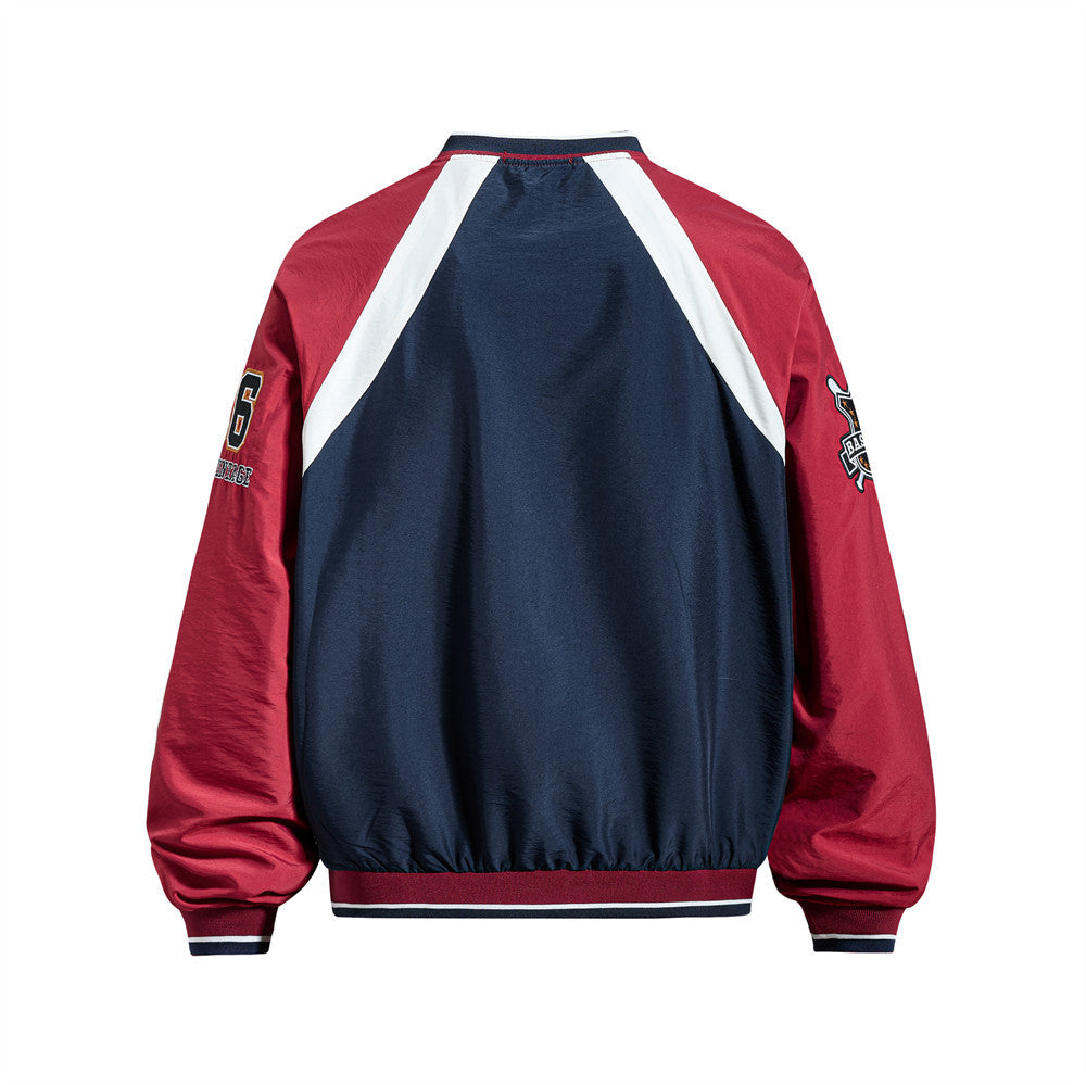 Color blocked raglan V-neck baseball jersey by American Smart - EP, featuring contrasting colors and sporty design.