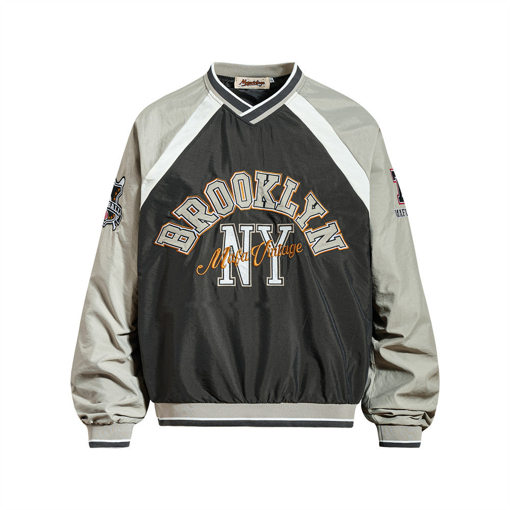 Color blocked raglan V-neck baseball jersey by American Smart EP, featuring contrasting sleeves and athletic fit.