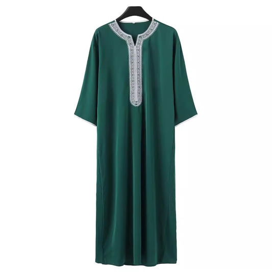 Red embroidered Arab long sleeve men's robe featuring traditional patterns, suitable for Muslim cultural attire.