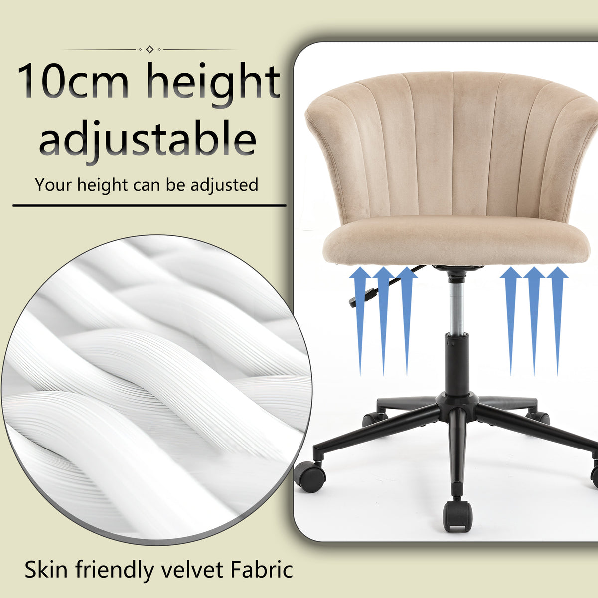 Velvet fabric home office chair with a swivel flower shape design, suitable for desk use in home or bedroom.