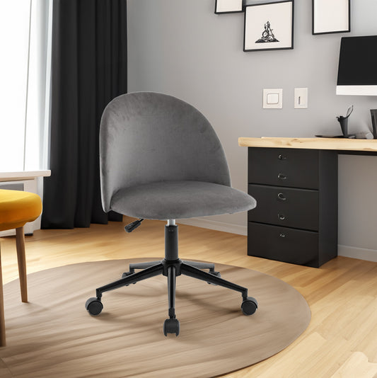 Black velvet fabric office chair by American Smart with cushioned seat, mid back, adjustable height, wheels, and black legs.