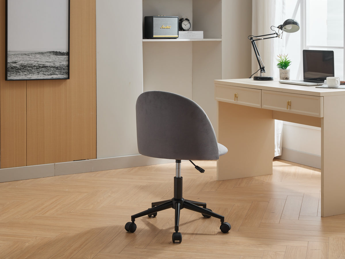 Velvet fabric office chair by American Smart with black legs, cushioned seat, mid back, adjustable height, and rolling wheels.