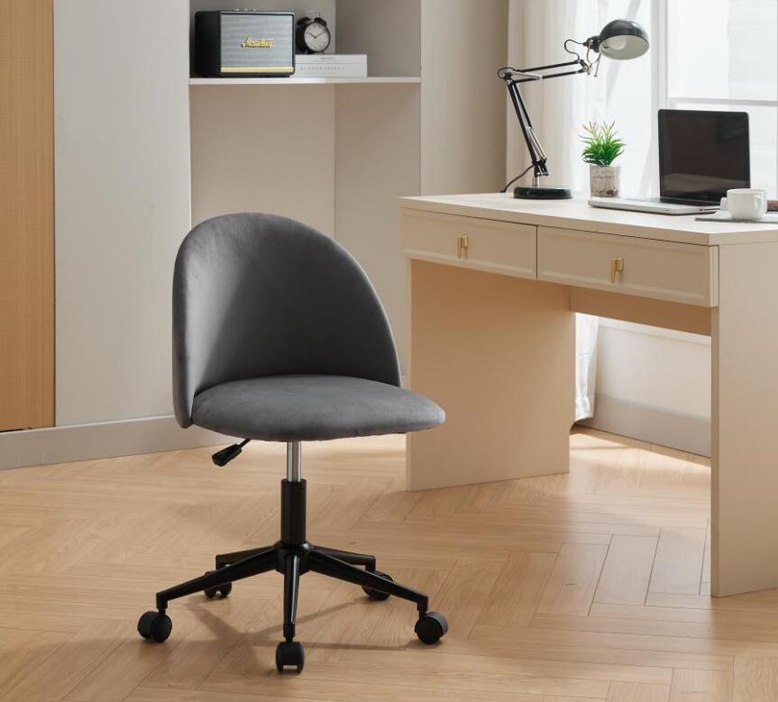 Black velvet fabric office chair with mid-back, cushioned seat, adjustable height, rotating wheels, and black legs by American Smart EP.