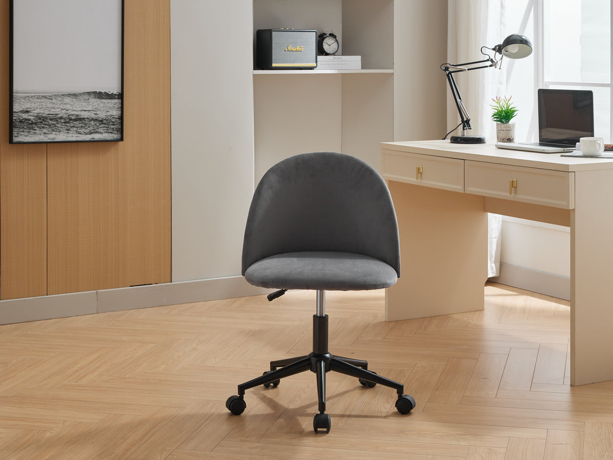 Black velvet fabric office chair with mid back, cushioned seat, adjustable height, rotating design, wheels, and black legs by American Smart EP