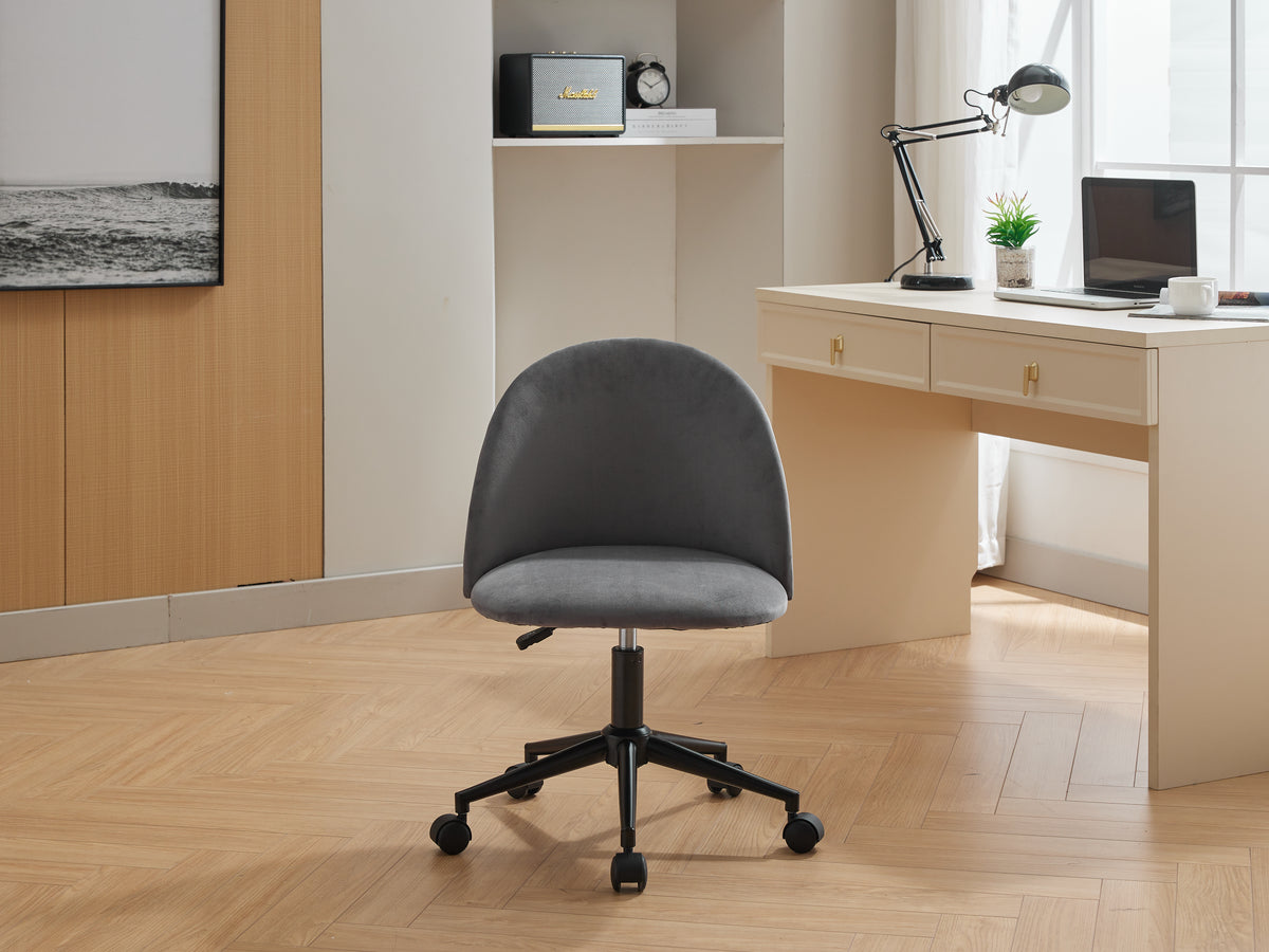 Black velvet fabric office chair with cushioned seat, mid-back support, adjustable height, wheels, and black legs by American Smart EP