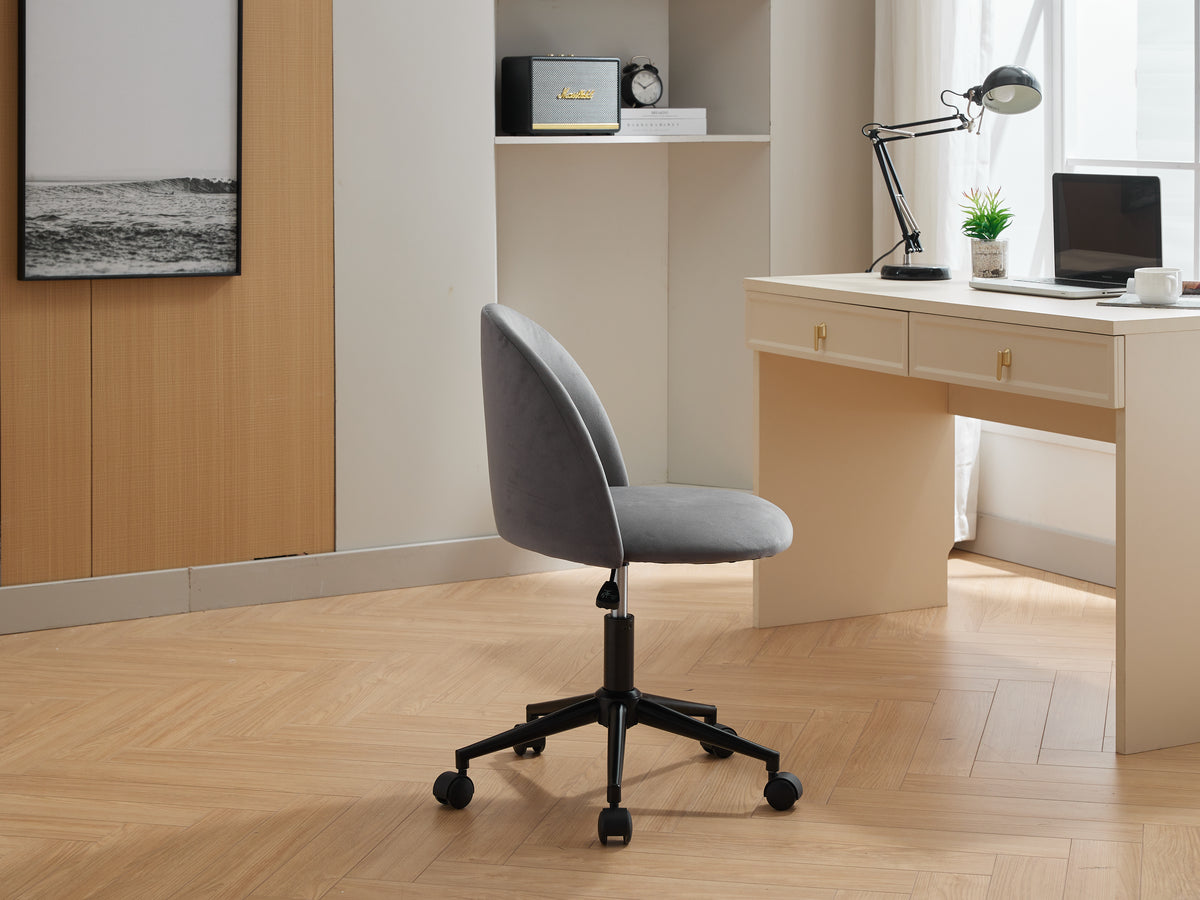 Black velvet fabric office chair by American Smart with mid-back support, adjustable height, cushioned seat, wheels, and black legs.