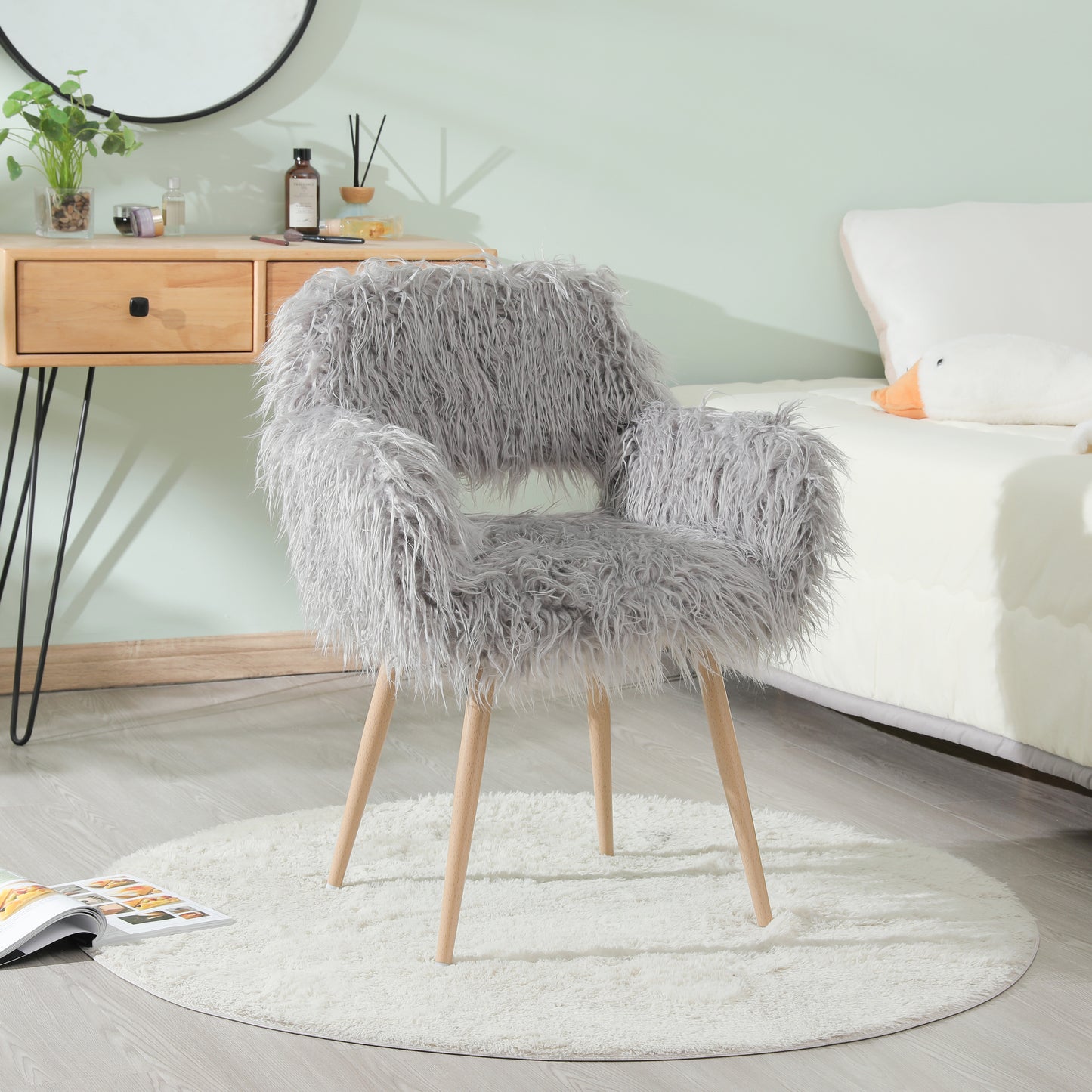 Grey faux fur upholstered makeup and side dining chair with metal beech legs, modern and comfortable seating from American Smart EP.