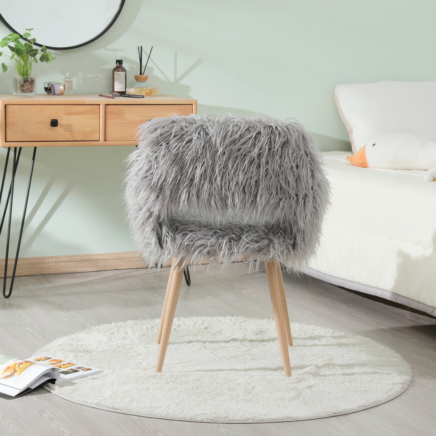 Grey faux fur upholstered makeup chair with beech wood metal legs, modern side dining chair by American Smart - EP