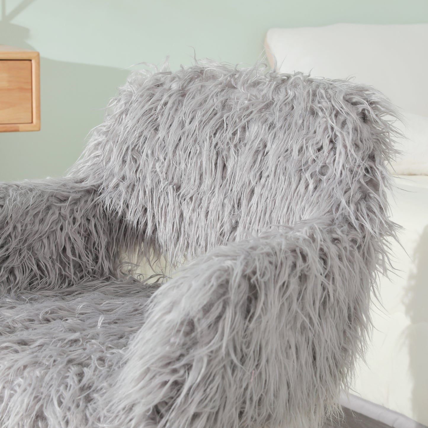 Grey faux fur upholstered makeup and side dining chair with Beech metal legs, modern and comfortable seating by American Smart EP.