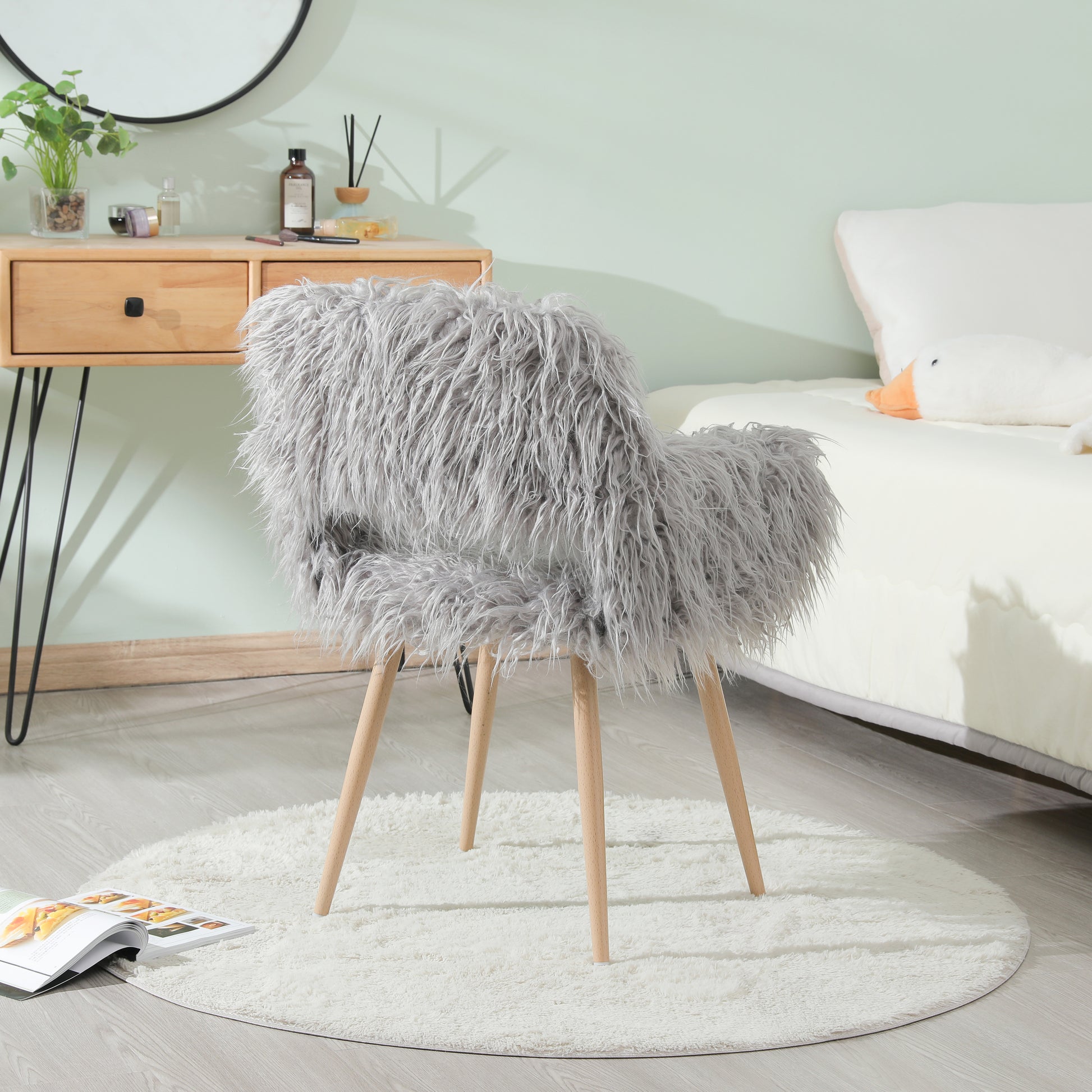 Grey faux fur upholstered makeup and side dining chair with metal Beech legs by American Smart EP, stylish and comfortable seating.
