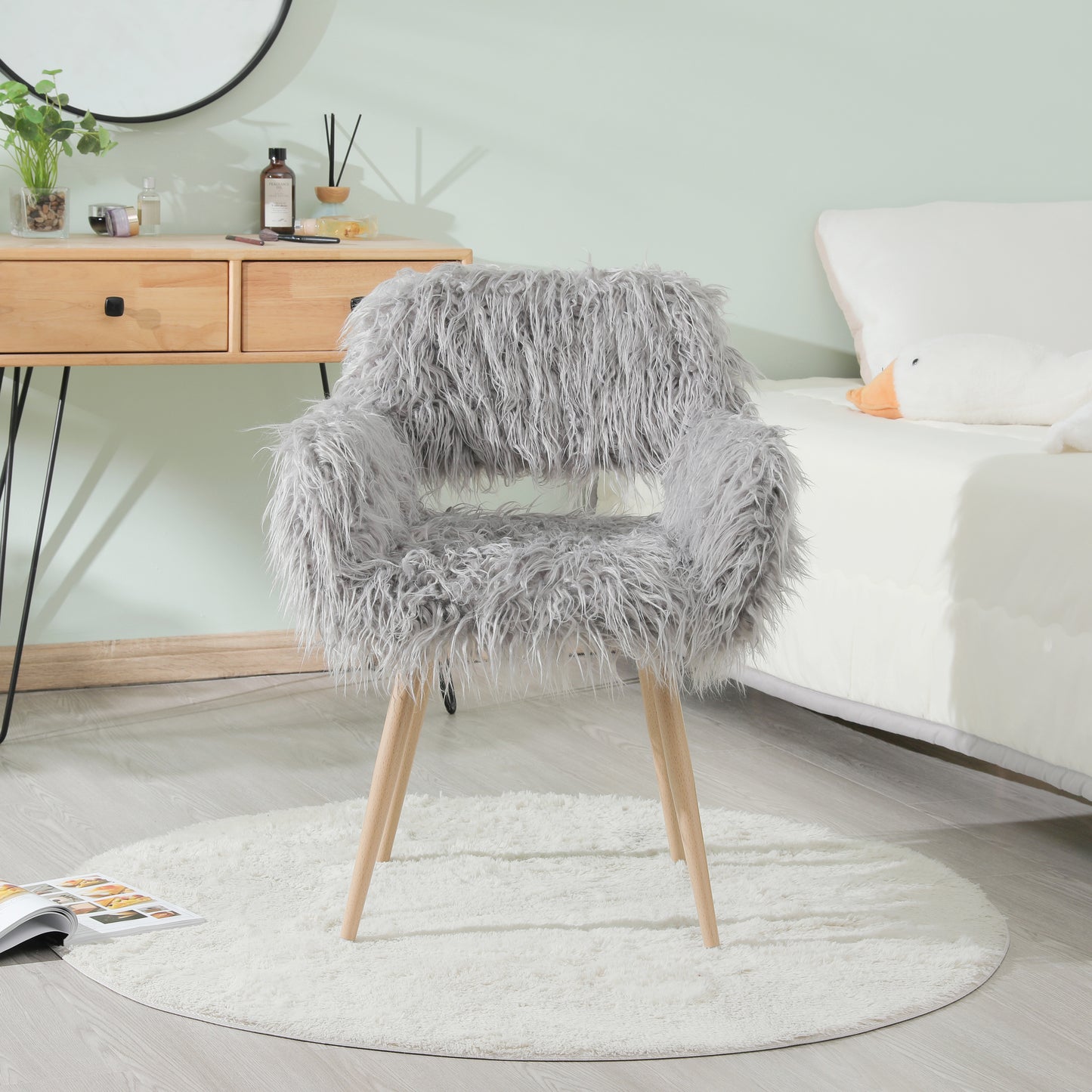 Grey faux fur upholstered makeup and dining chair with beech metal legs, modern design by American Smart - EP.