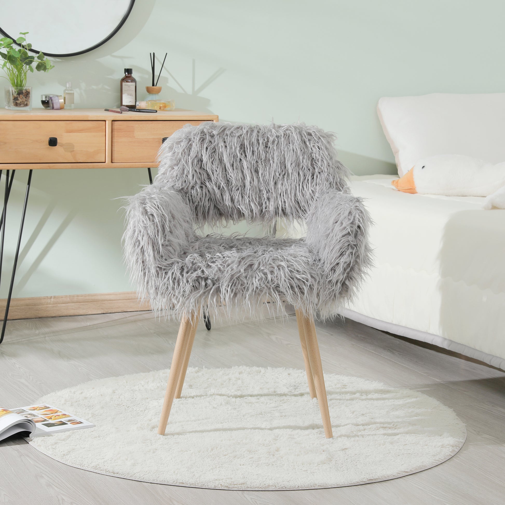 Grey faux fur upholstered makeup and dining chair with beech metal legs, modern design by American Smart - EP.