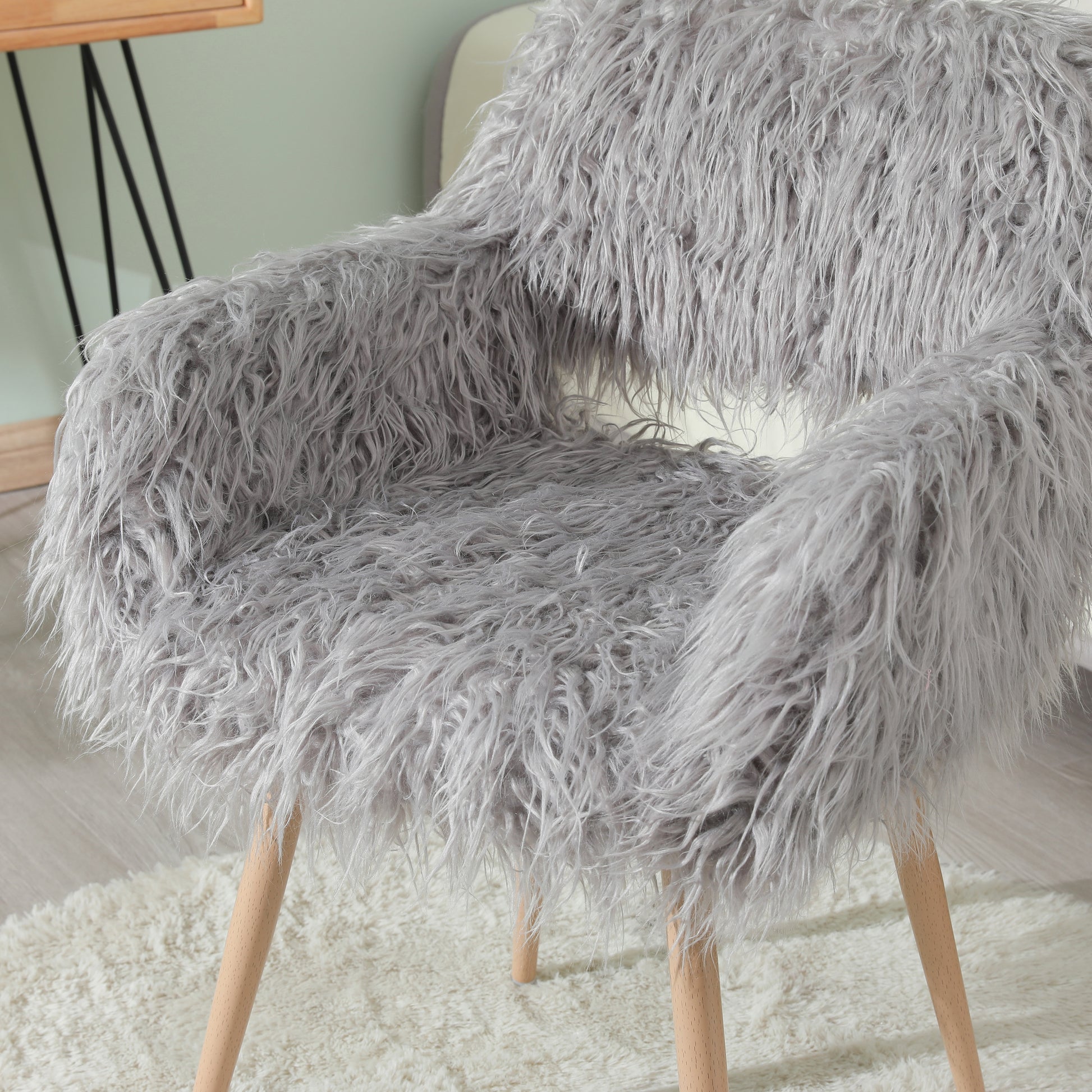 Grey faux fur upholstered makeup and side dining chair with beech wood metal legs by American Smart - EP