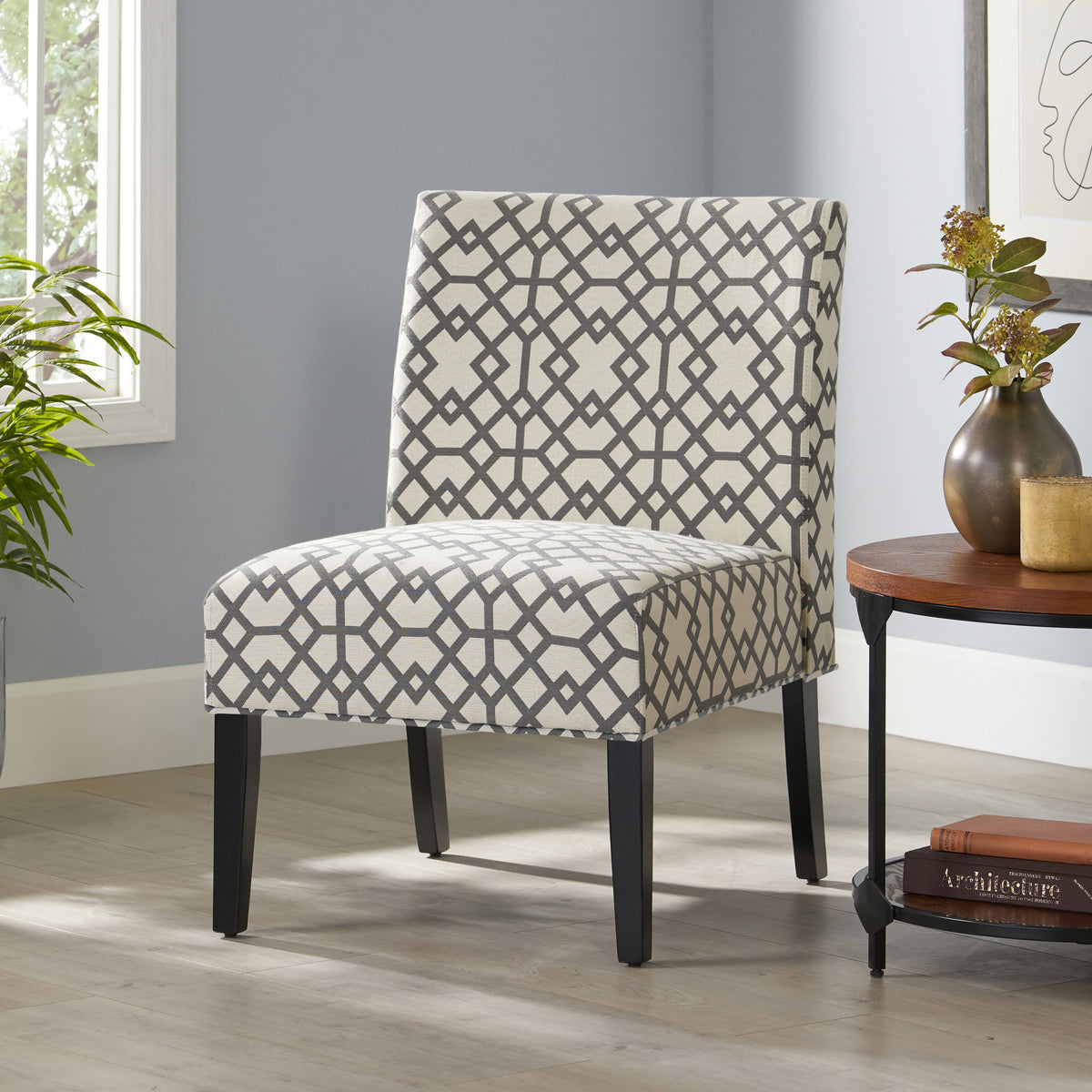 American Smart accent chair with plush fabric upholstery and wooden legs, modern design perfect for living rooms and lounges.