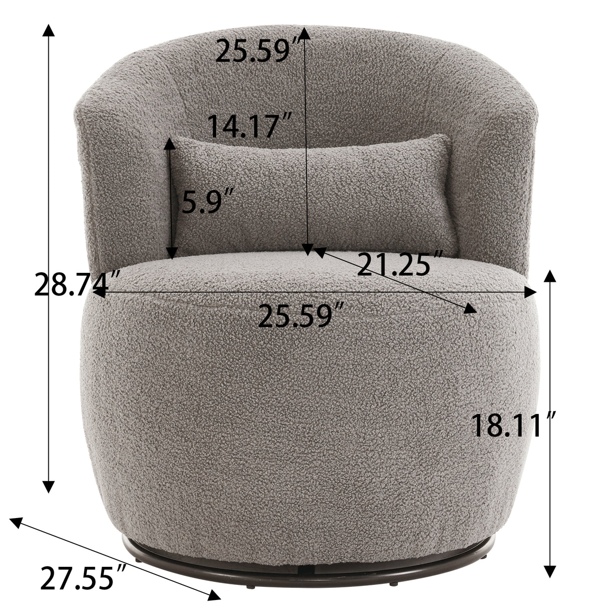 Grey plush swivel accent chair with round arm design and metal base, perfect for modern living room decor.