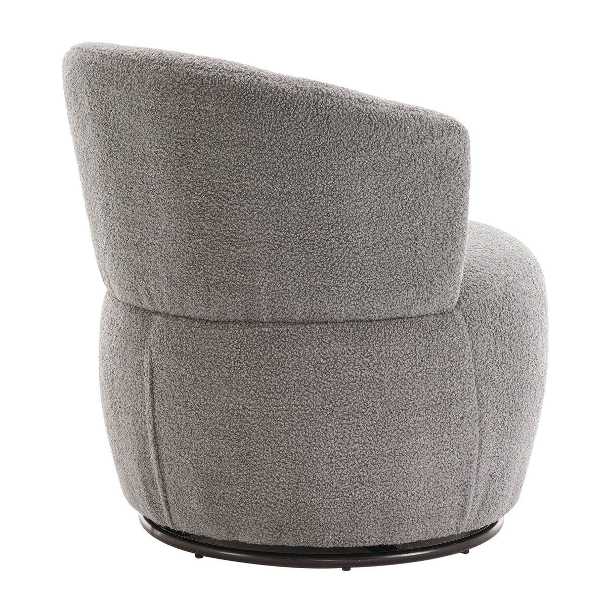 Grey plush swivel accent chair with round arm design and metal base, perfect for modern living room decor.