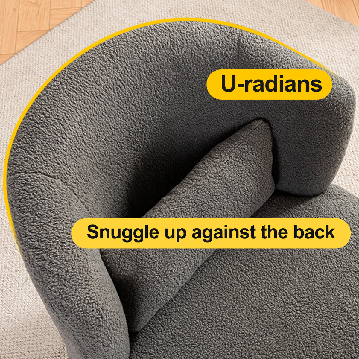 Grey plush swivel accent chair with round arm design and metal base, ideal for contemporary living room decor.