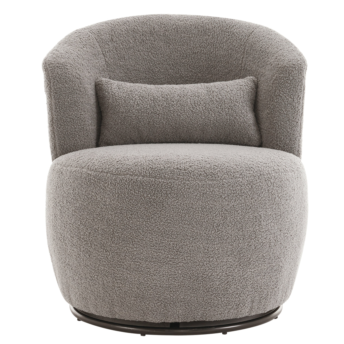 Grey plush swivel accent chair with round arms and metal base, perfect for contemporary living room decor.