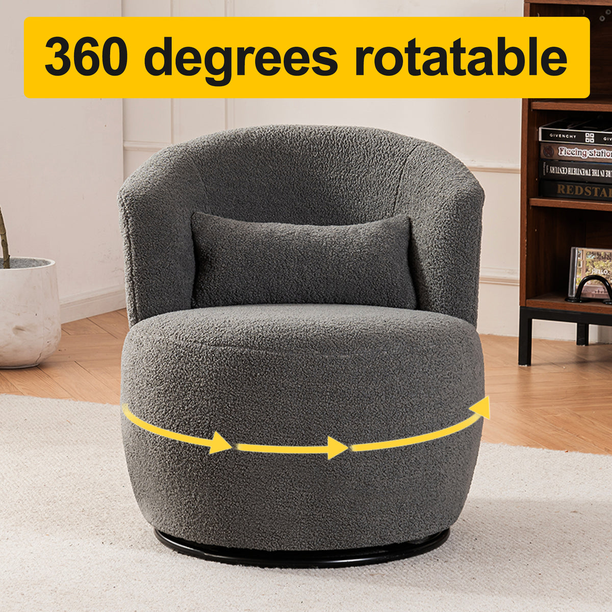 Grey plush swivel accent chair with round arms and metal base, 360° rotation for modern living room comfort.