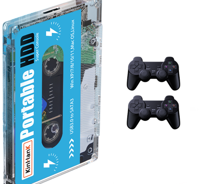 American Smart Kinhand 500GB external hard drive with retro game cards for PSP, Sega Saturn, Wii, and computer gaming.