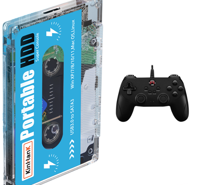 American Smart Kinhand 500G HDD portable external hard drive with retro game cards for PSP, SEGA Saturn, Wii on a computer laptop