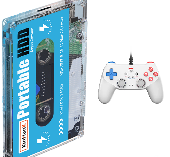 American Smart Kinhand 500G external hard drive with retro gaming disk for PSP, SEGA Saturn, Wii, and computer use.
