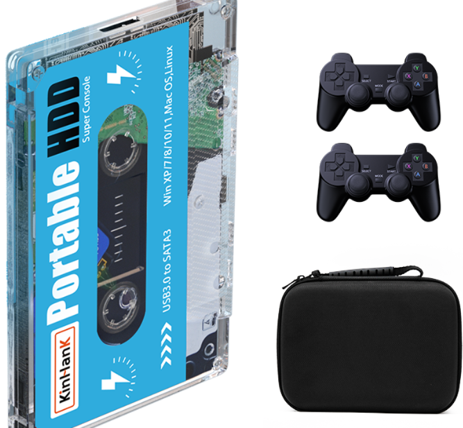 American Smart Kinhand 500GB external hard drive with retro game cartridges for PSP, SEGA Saturn, and Wii gaming consoles.