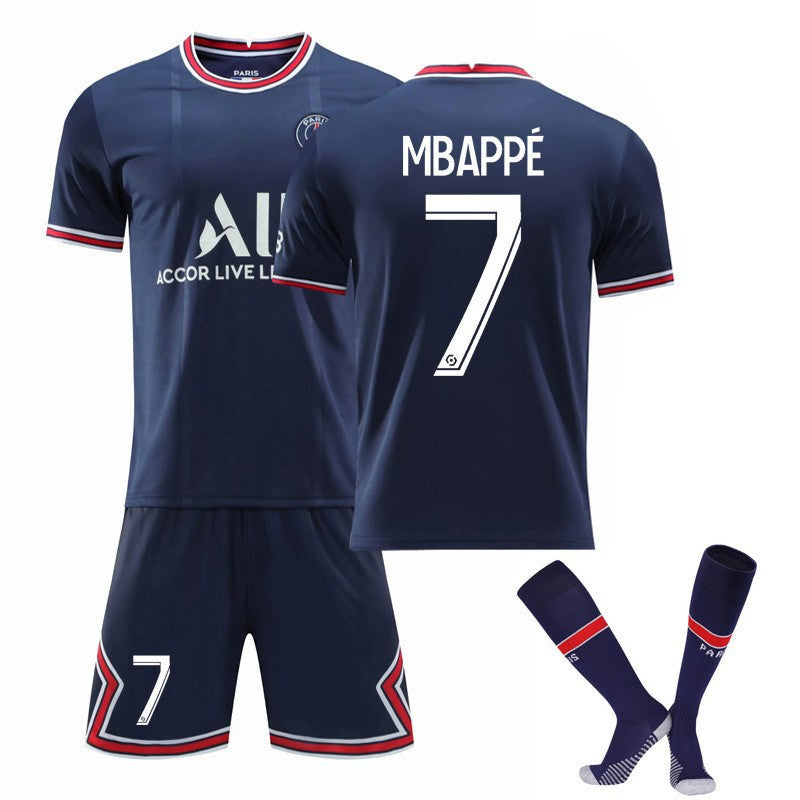 Paris Saint Germain Neymar No. 10 and Messi No. 30 football shirts set by American Smart, featuring team logos and player names.