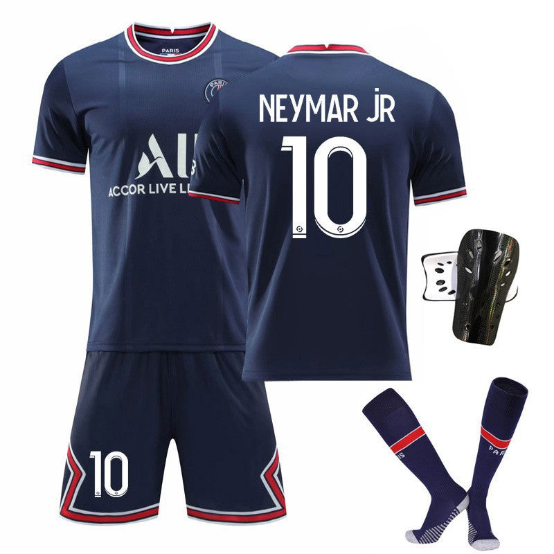 Paris Saint Germain Neymar No. 10 and Messi No. 30 football shirts set by American Smart, featuring team logos and vibrant team colors.