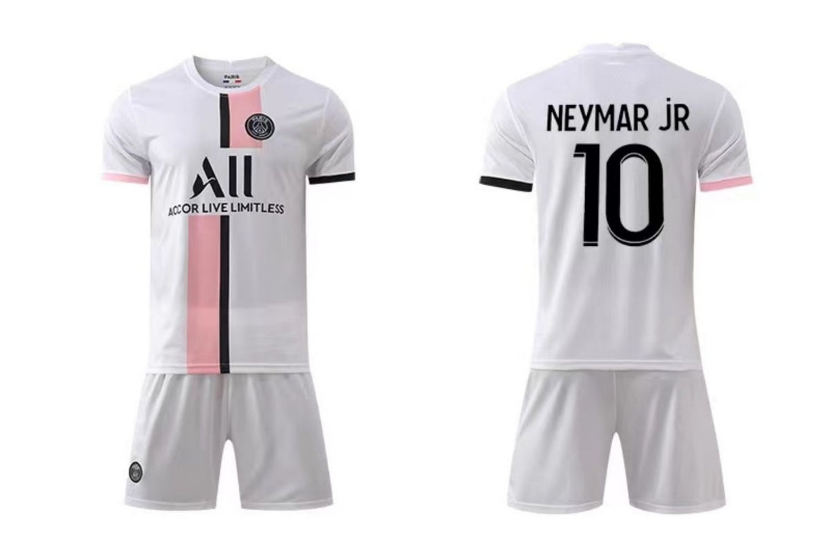Paris Saint Germain Neymar No. 10 football shirt and Messi No. 30 training shirt from American Smart EP, displayed on a plain background.