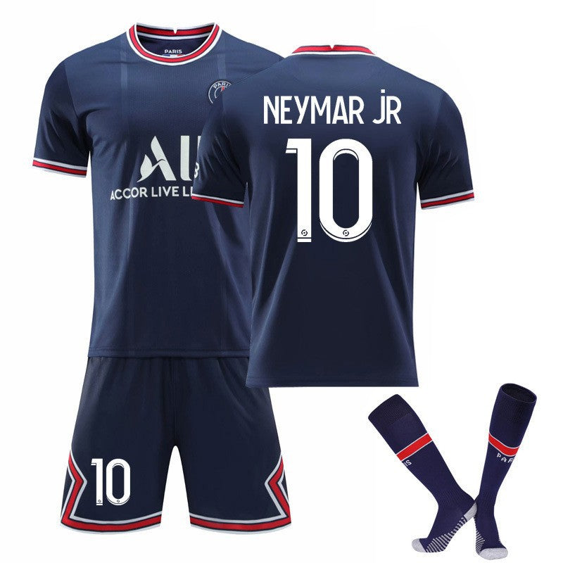 Paris Saint Germain football shirts featuring Neymar No. 10 and Messi No. 30, displayed in a set with team logos and vibrant colors.