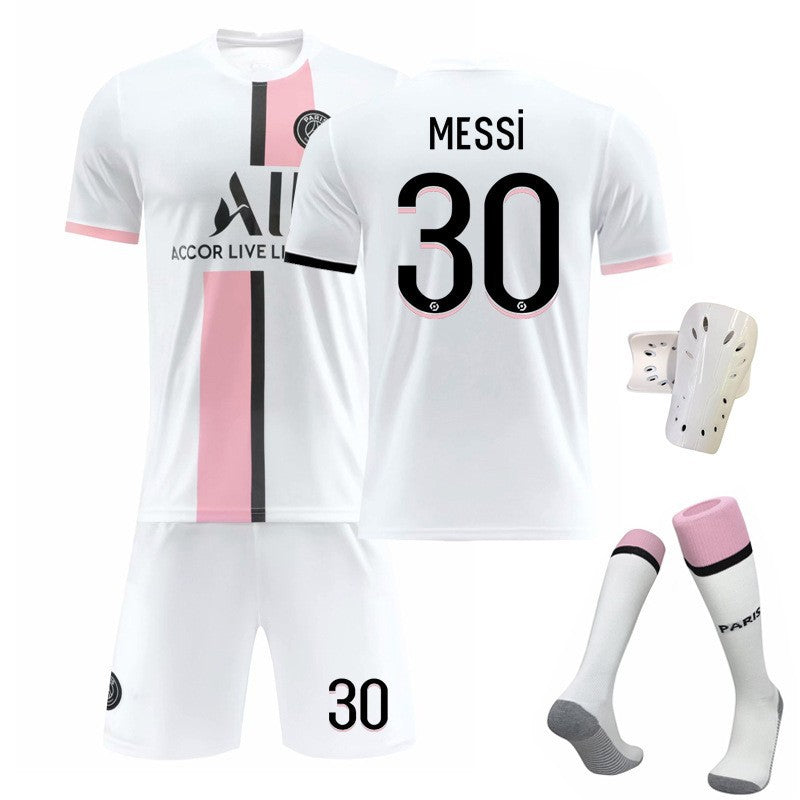 Paris Saint Germain Neymar No. 10 and Messi No. 30 football shirts set, featuring team logo and player numbers, for soccer fans.