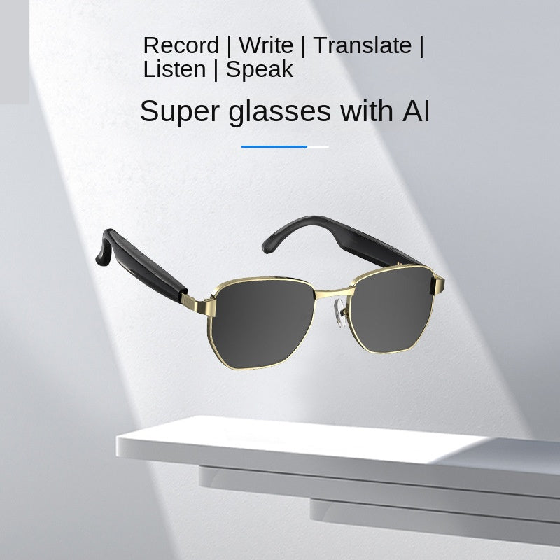 American Smart EP Bluetooth AI sunglasses with built-in headphones, real-time translation, and music listening features.