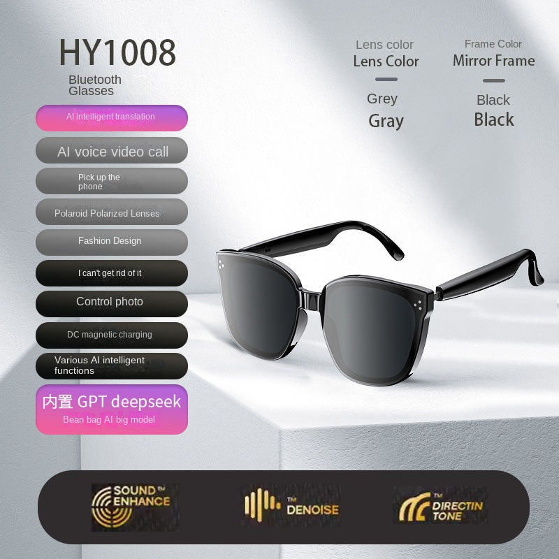 American Smart Bluetooth AI sunglasses with built-in headphones, real-time translation, music, and call listening features.