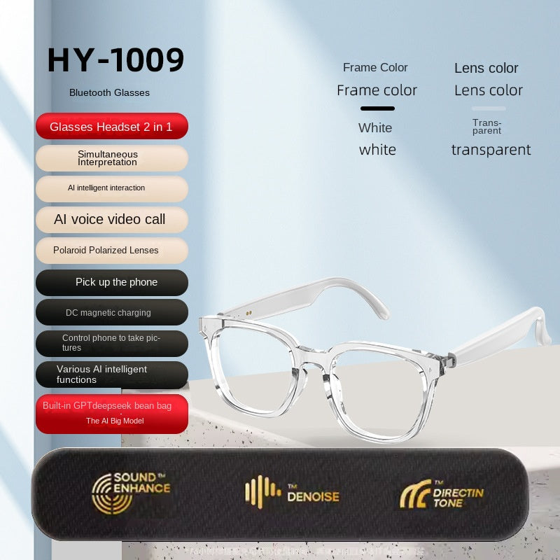 American Smart EP Bluetooth AI sunglasses with built-in headphones, real-time translation, and music listening features.