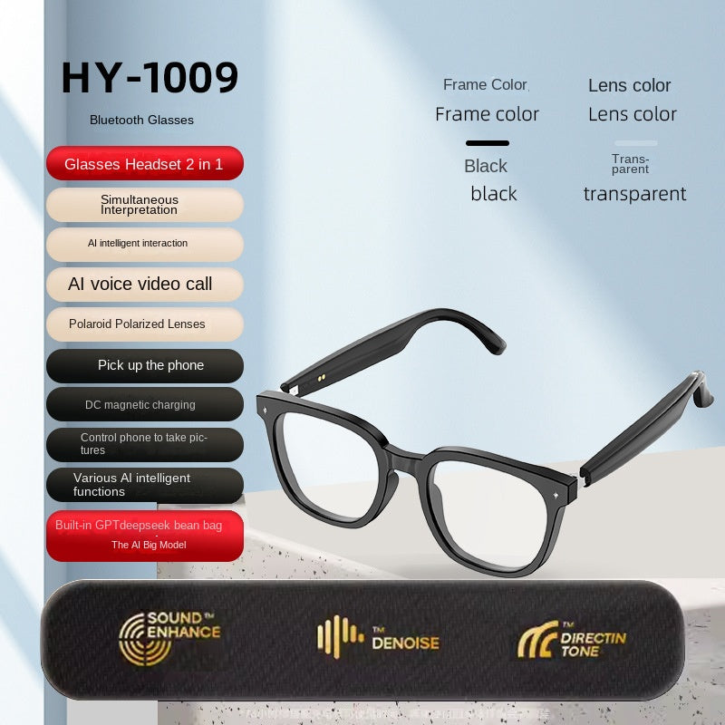 American Smart EP Bluetooth AI sunglasses with built-in headphones, real-time translation, and music listening features.