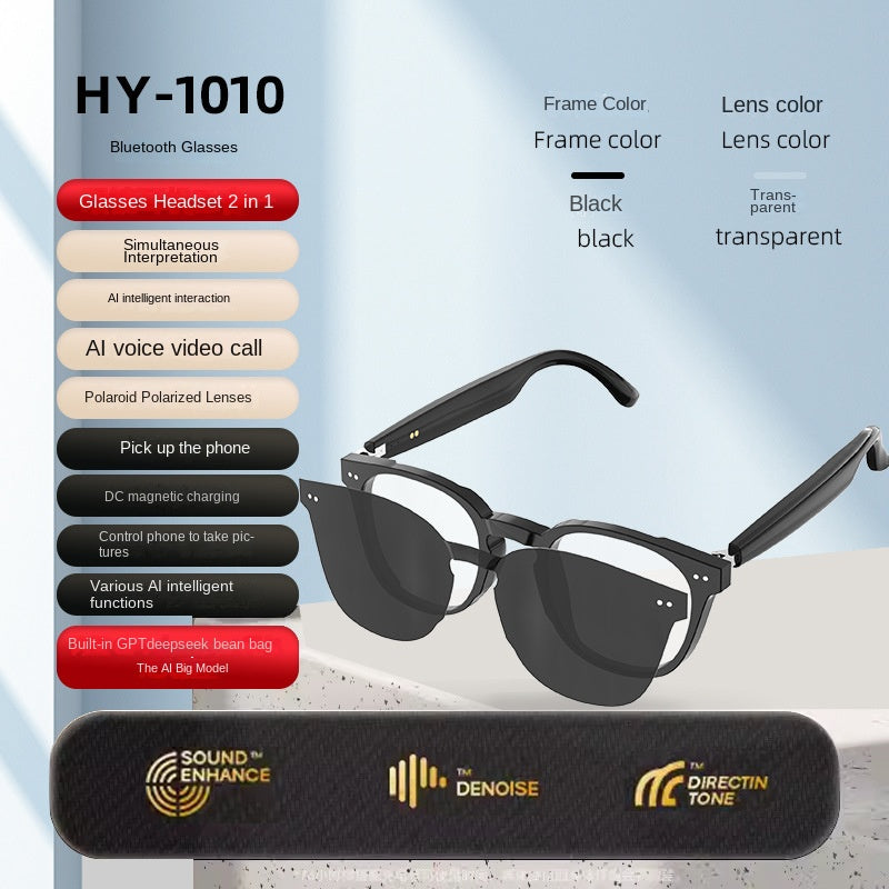 American Smart Bluetooth AI sunglasses with built-in headphones, real-time translation, call capability, and music listening features.