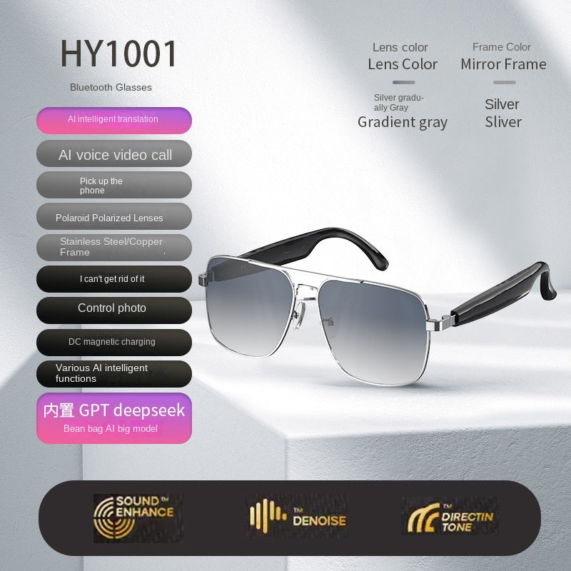 American Smart Bluetooth AI sunglasses with built-in headphones, real-time translation, and music listening capabilities.