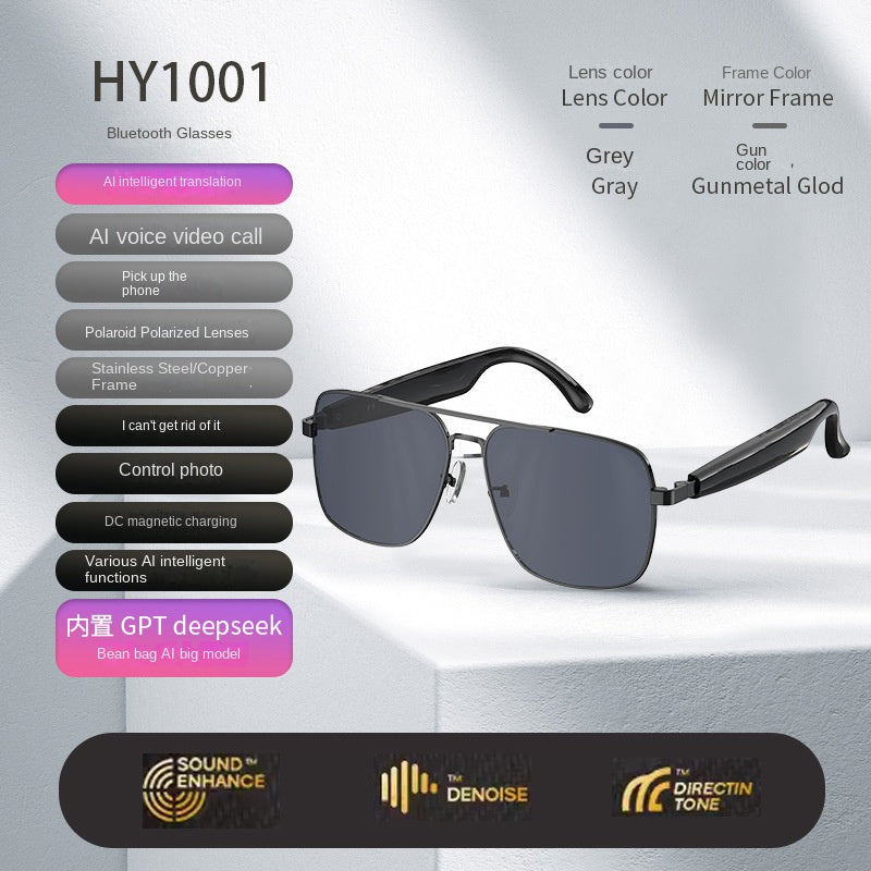 American Smart Bluetooth AI sunglasses with built-in headphones, real-time translation, call, and music listening features.