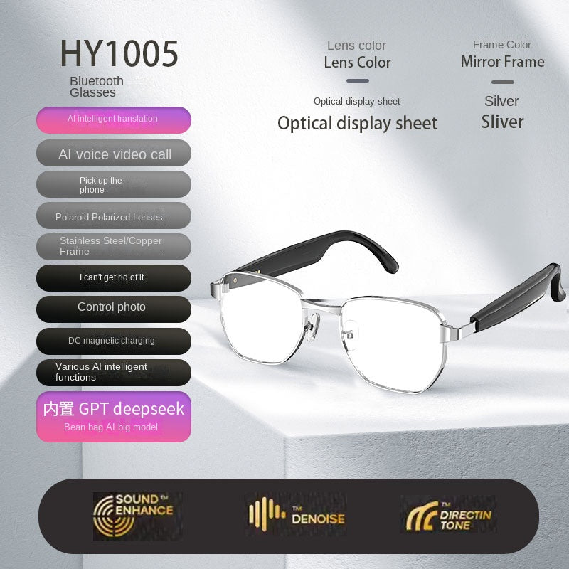 American Smart EP Bluetooth AI sunglasses with built-in headphones, real-time translation, call, and music listening features.