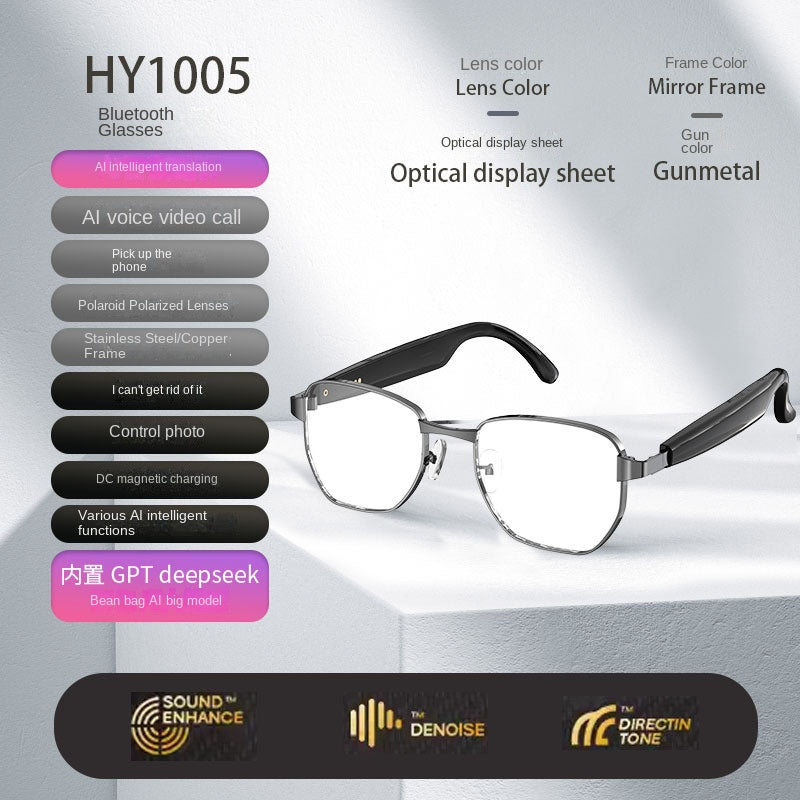 American Smart EP Bluetooth AI sunglasses with built-in headphones, real-time translation, call and music listening features.