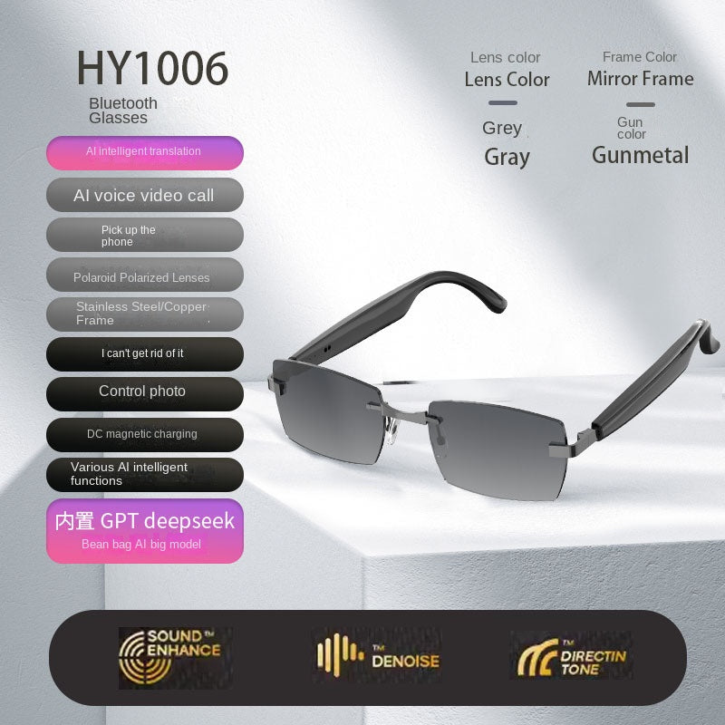 American Smart Bluetooth AI sunglasses with built-in headphones, real-time translation, and music listening functionality.