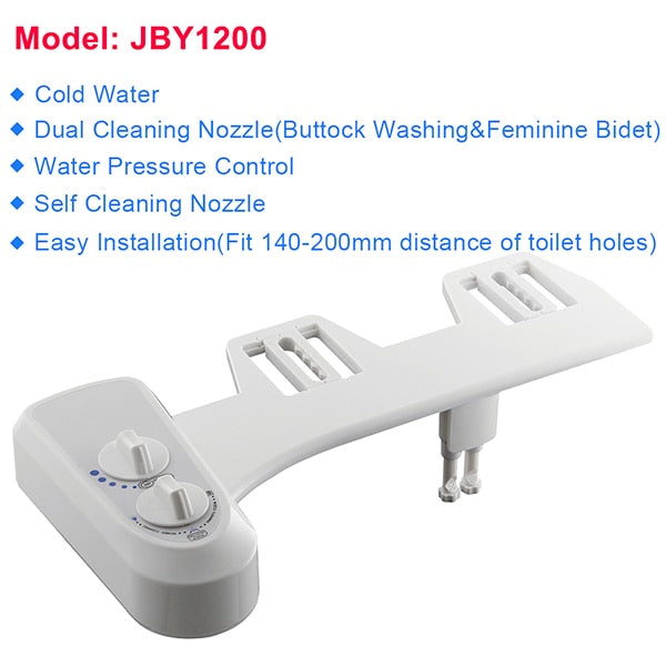 American Smart non-electric bidet attachment with self-cleaning nozzle for fresh water washing on standard toilet seat.